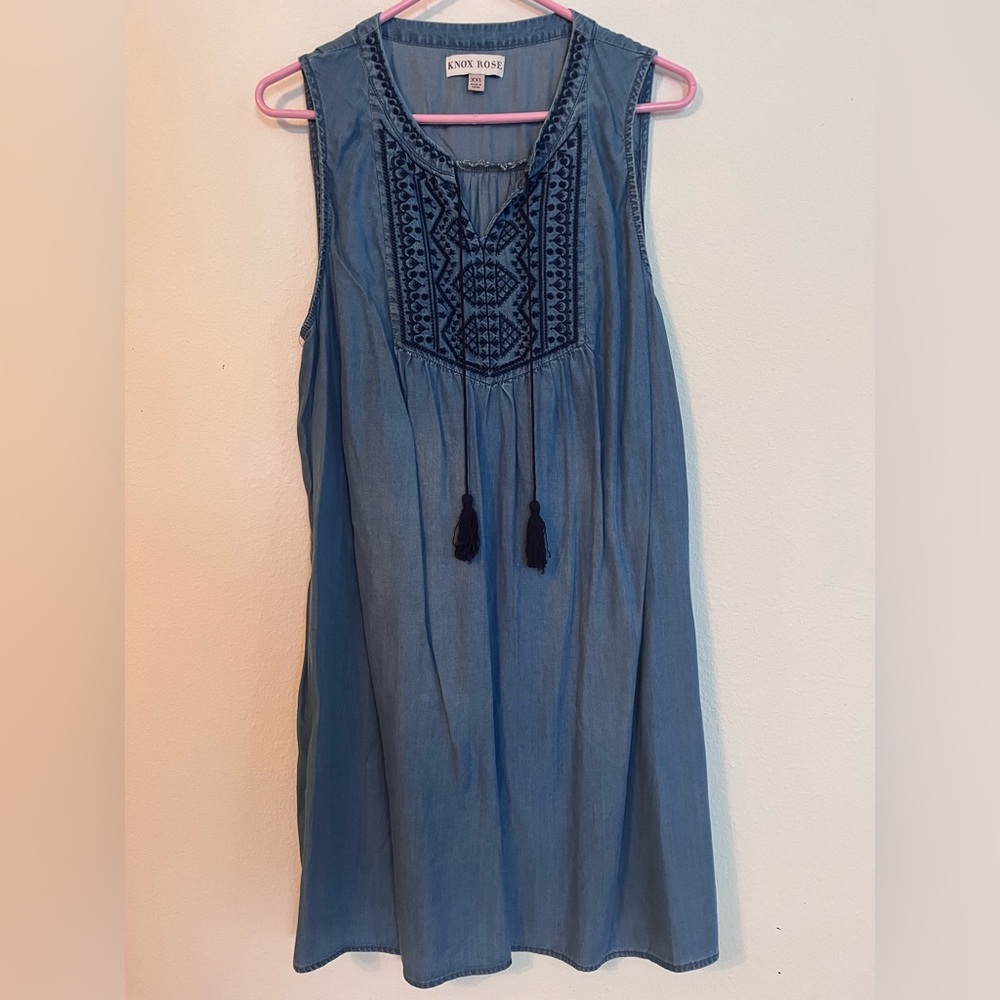 Knox Rose Blue Plus Chambray Boho Embroidered Tassels Shift Tank Dress 2XL XXL